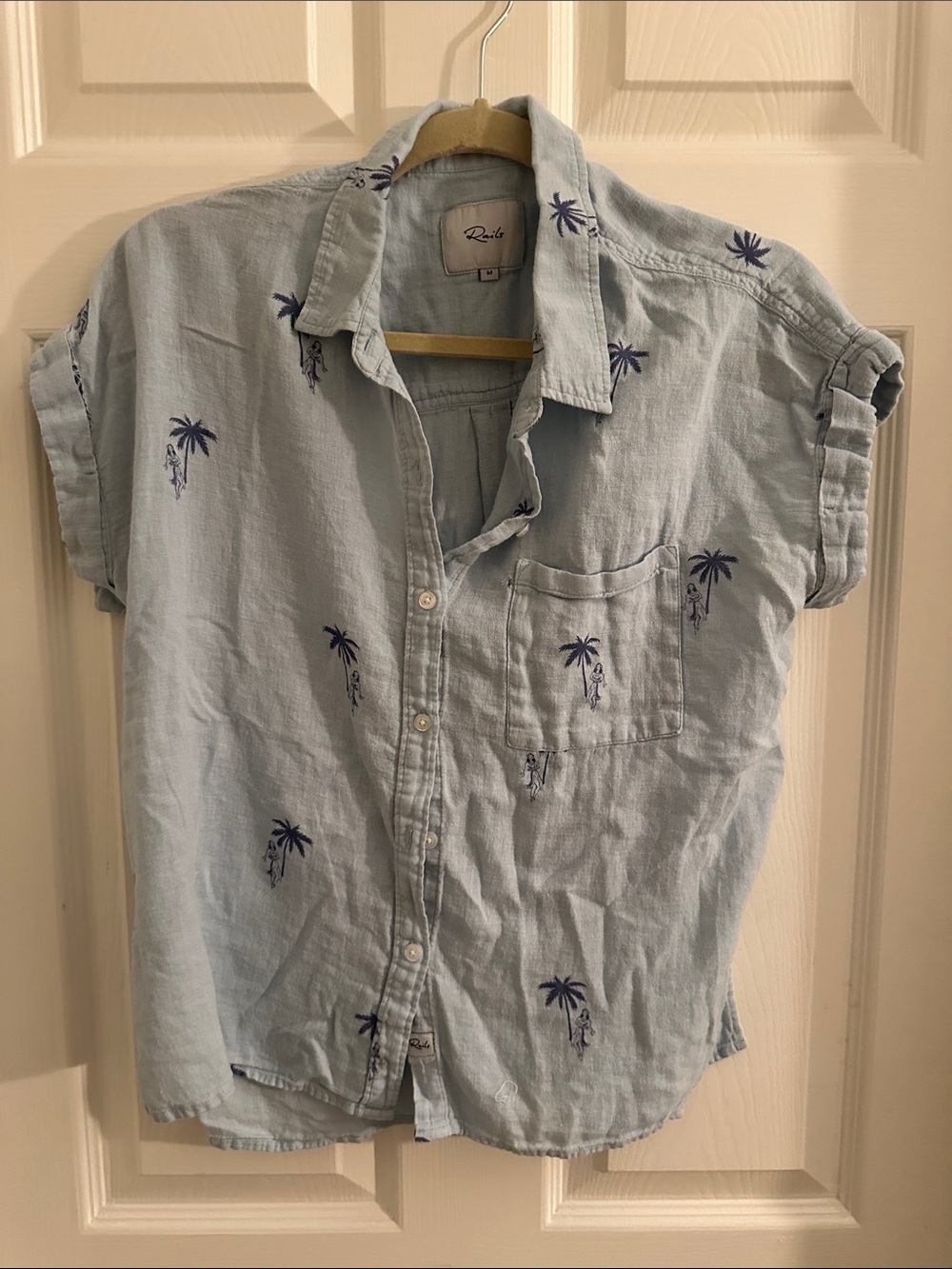 Pale Blue Short-Sleeve Palm-Print Shirt
